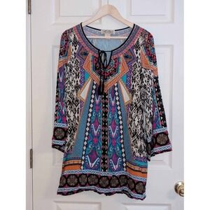 Flying Tomato Boho Tunic Top Large Tribal Print Tassel Long Sleeve Rayon Blouse